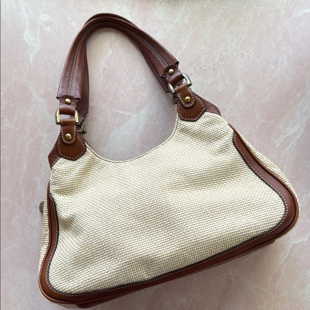 Vintage Cole Haan Brown Leather and Linen Women's Shoulder Bag - Picture 3 of 16
